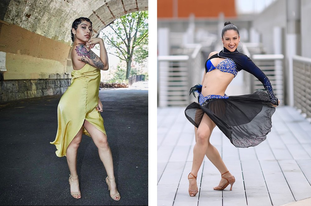 Two pictures of women dancers in their dresses.