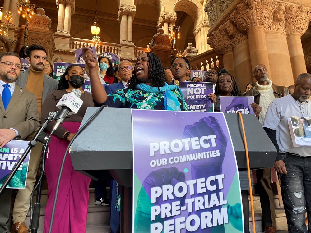 Brooklyn Assemblymember Latrice Walker speaks at a rally at the state Capitol against changes to the state's bail reforms.