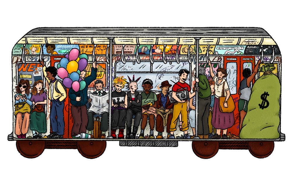 An illustration depicting the inside of a Subway car in 1984. Passengers are seated in the graffiti-covered car. A small bag of money sits on the far right.