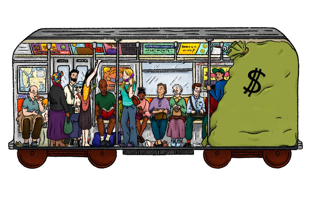 An illustration depicting the inside of a Subway car in 2004. Passengers are seated and standing throughout the car. There's a bag of money taking up almost one third of the car.