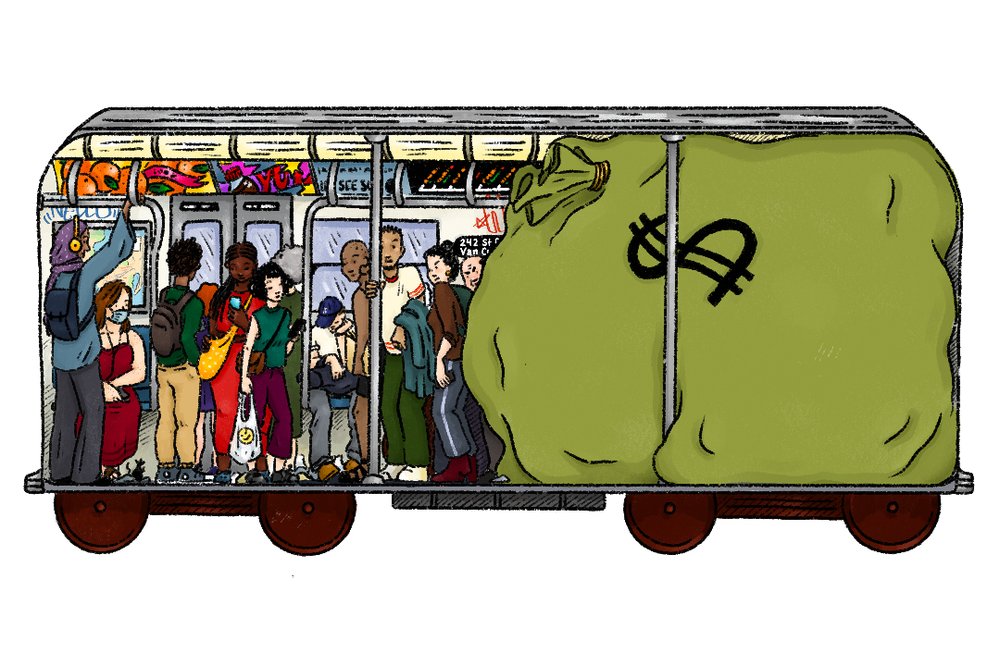 An illustration depicting the inside of a Subway car in 2023. Passengers are seated and standing throughout the car. There is very large bag of money taking up lots of space, pressing on riders.