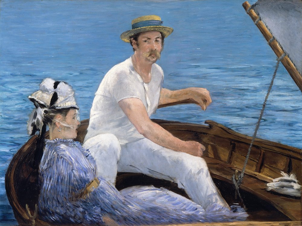 A painting of a man and woman in a boat.