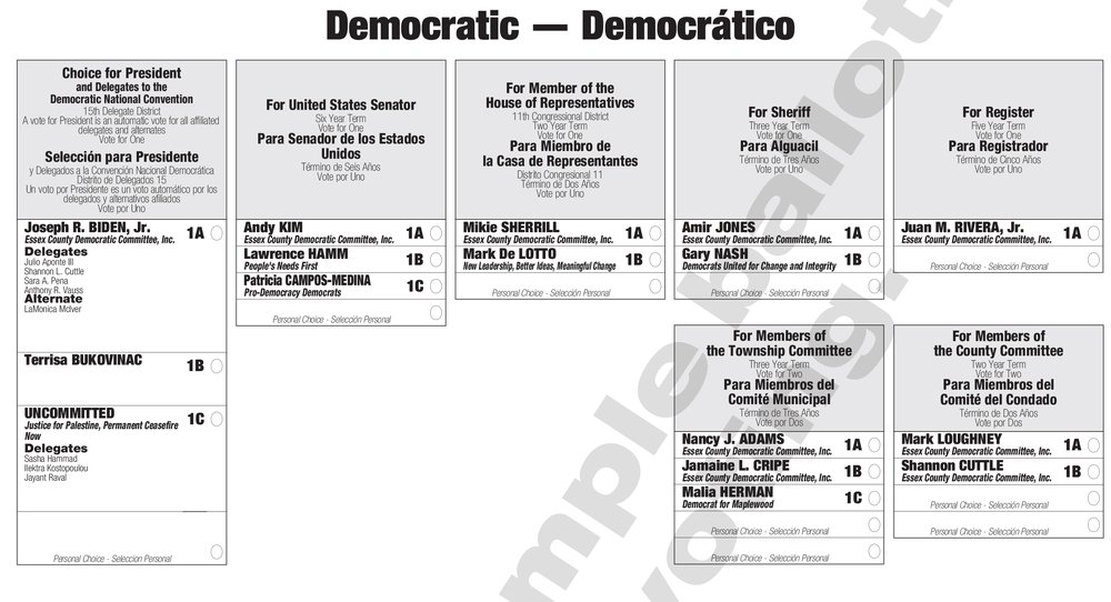A sample ballot sent to Democratic residents of Maplewood, New Jersey for the 2023 primary election.