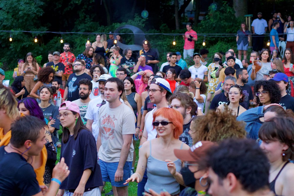 A group of people at an outdoor daytime concert.