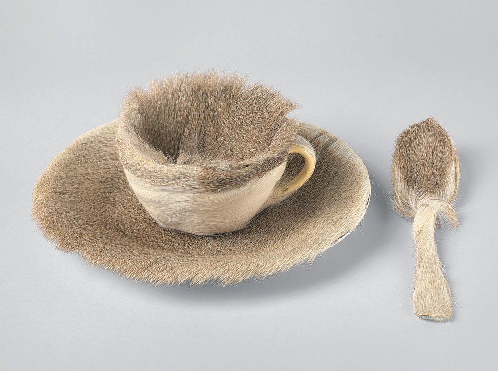 A cup, saucer and spoon covered in fur.