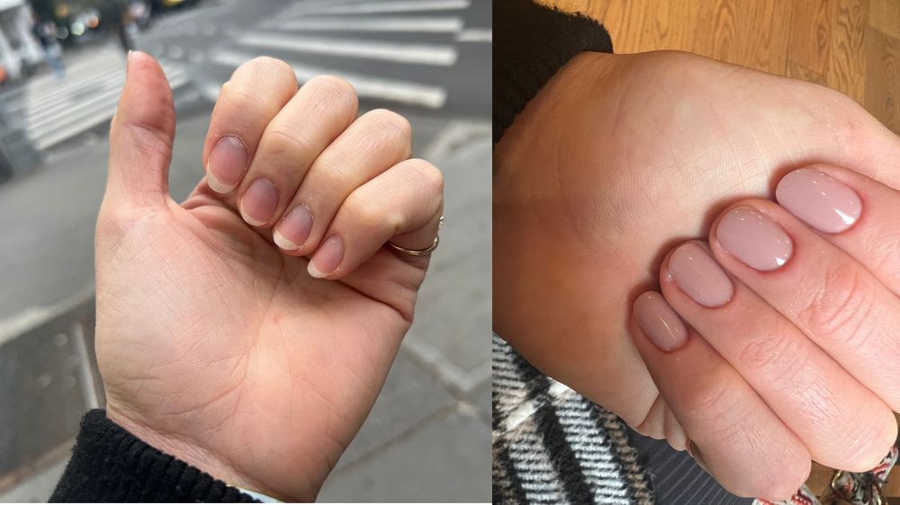 Two side-by-side pictures of a woman's hands, with a focus on her nails.