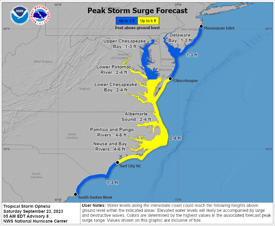 The map shows the peak storm surge forecast for Tropical Storm Ophelia as of Saturday morning. Central and South Jersey could see 1 to 3 feet of surge in coastal areas.