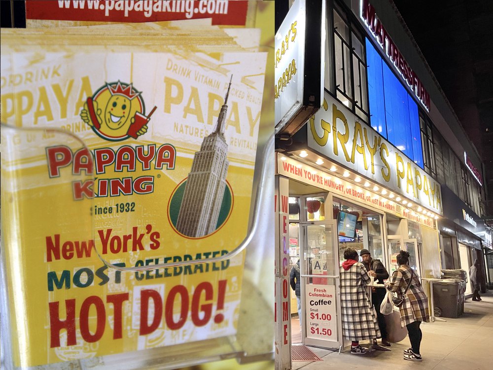 A photo collage of Papaya King and Gray's Papaya, arch rivals in the city's Papaya Wars.