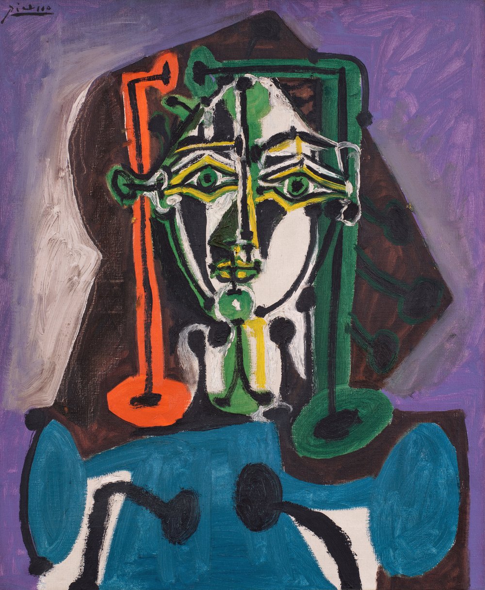 A colorful painting of a woman's bust