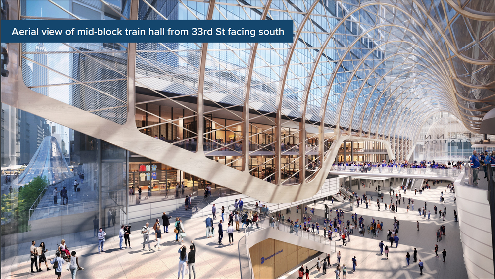 A rendering of an airy Penn Station concourse with light shining in through a glass ceiling and entrance..
