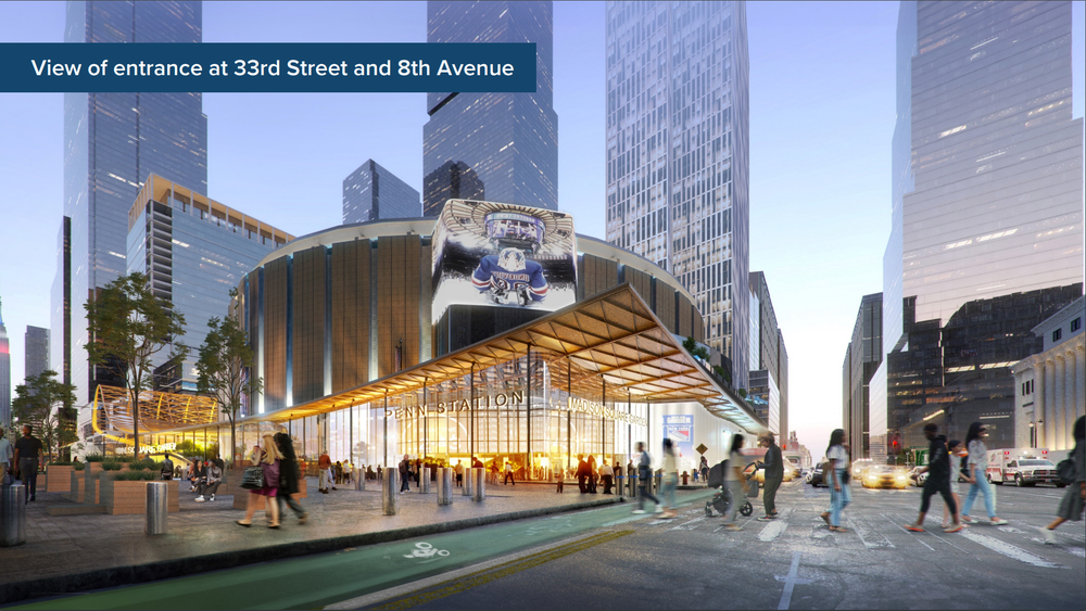 A rendering of a new, light-filled entrance to Penn Station at the base of Madison Square Garden.