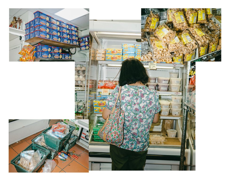 A composite of photographs featuring different scenes inside of a grocery store, including: a person looking at shelves of refrigerated goods; bagged snacks; shopping carts; and stacks of snacks on wooden shelves.