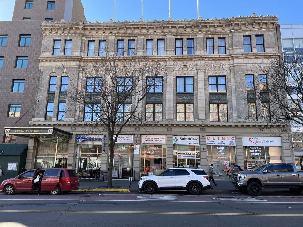The exterior of a building on a day with blue skies