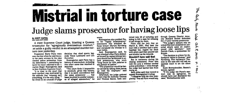 Newspaper clipping from ADA Barry Pinto’s personnel file.