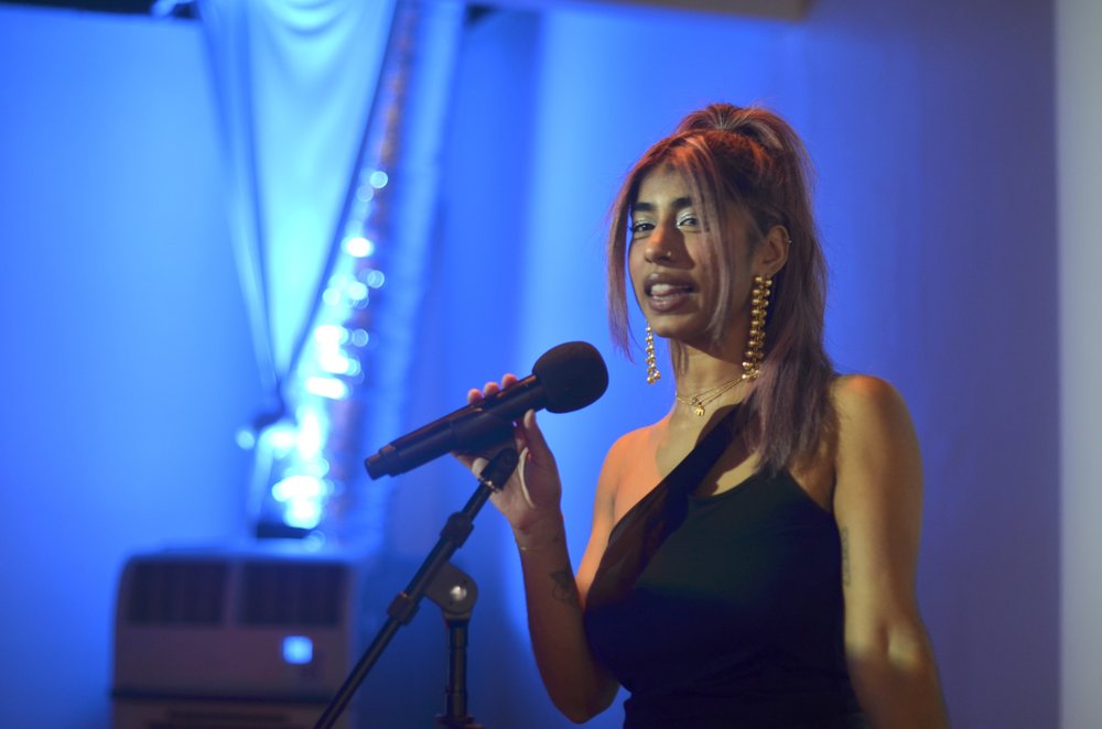 Priya Dadlani speaking at the Jahajee Sisters 2023 Lift Up with Love: Sexual Assault Survivor Speak Out event in April 2023.