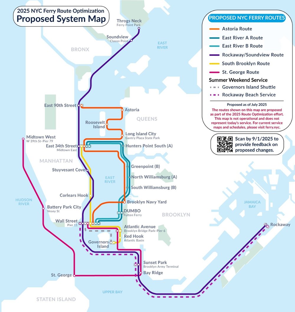 A map of proposed NYC Ferry routes.