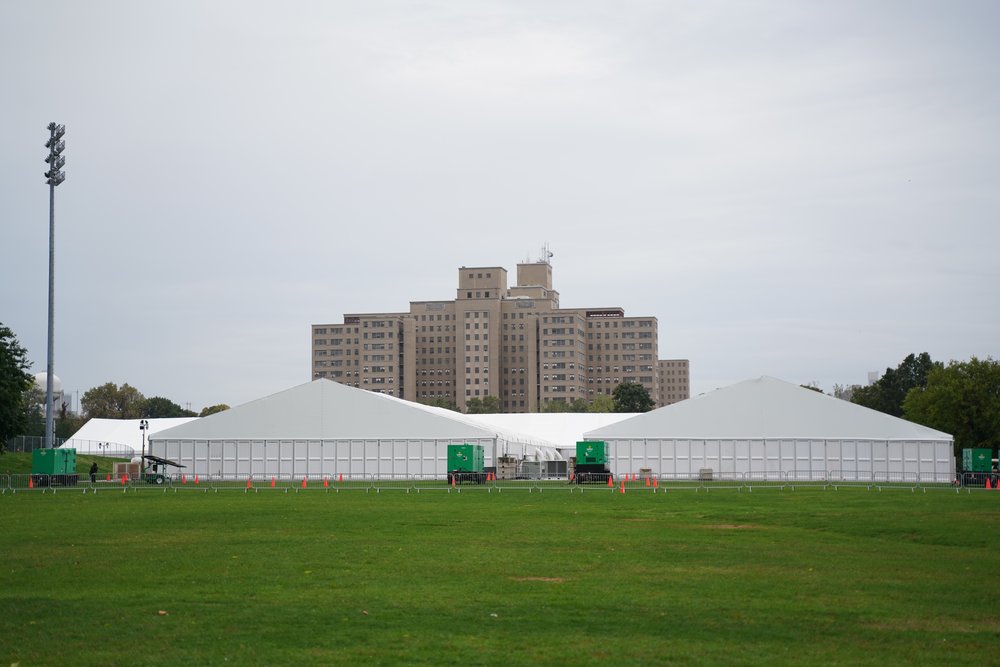 A photo of the Randall's Island tent facility