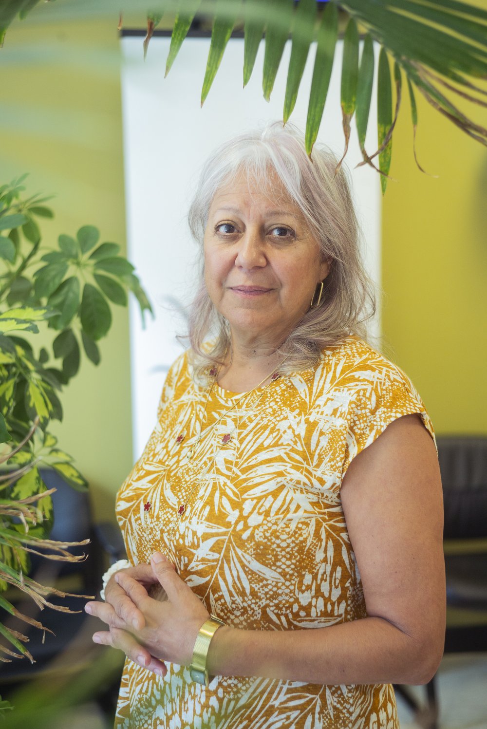 A person stands with their hands folded, viewed between leaves on office plants.