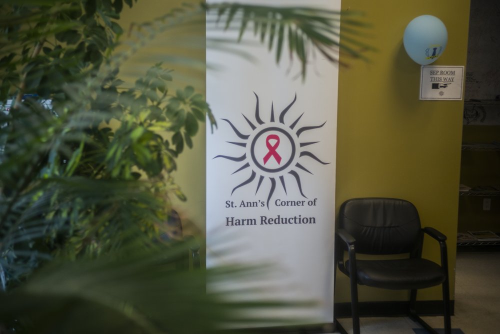 A sign, viewed through the leaves of office plants, reads: St. Ann's Corner of Harm Reduction.