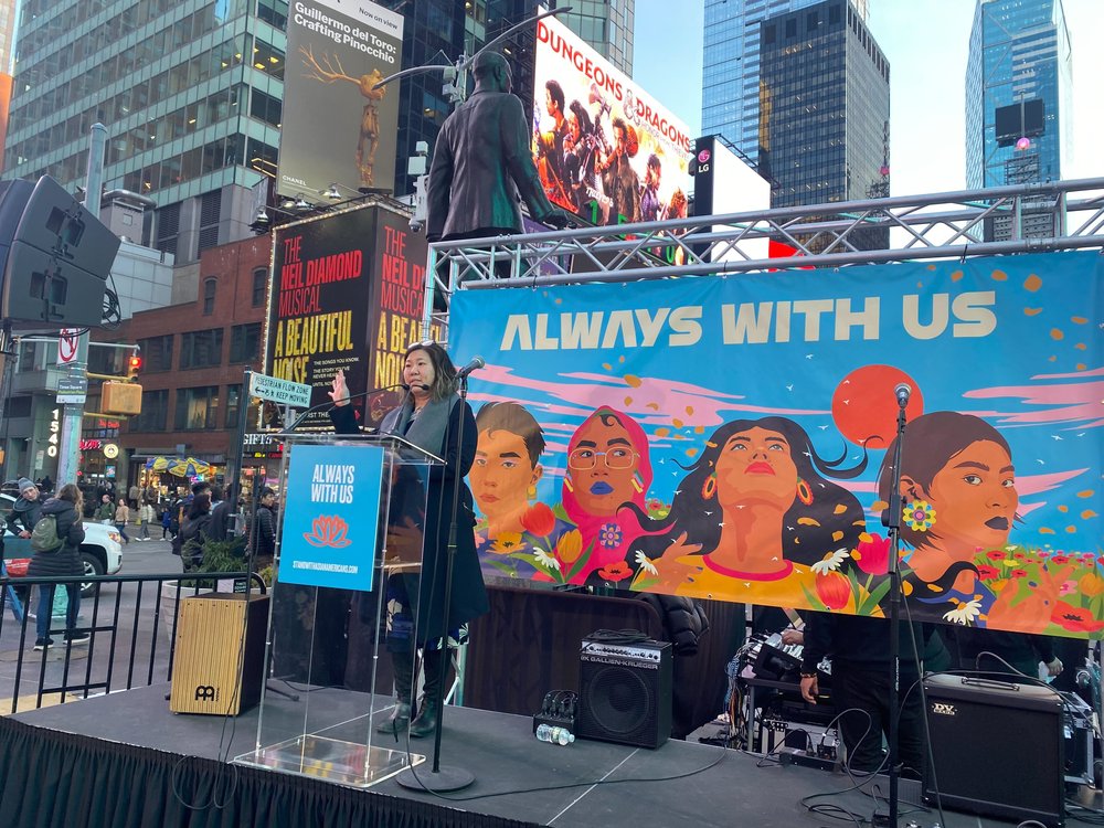 Rep. Grace Meng, D-Queens, addresses a Times Square crowd