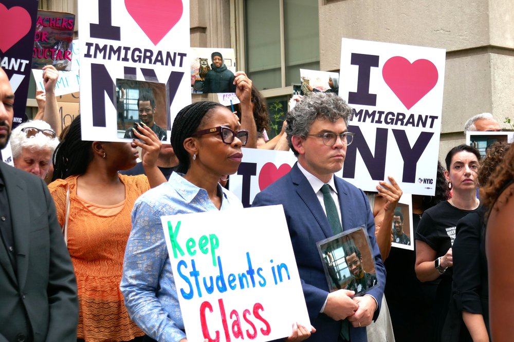 City Councilmembers Rita Joseph and Lincoln Restler call for Diallo's release at a rally near City Hall in Manhattan on Aug. 14, 2025.
