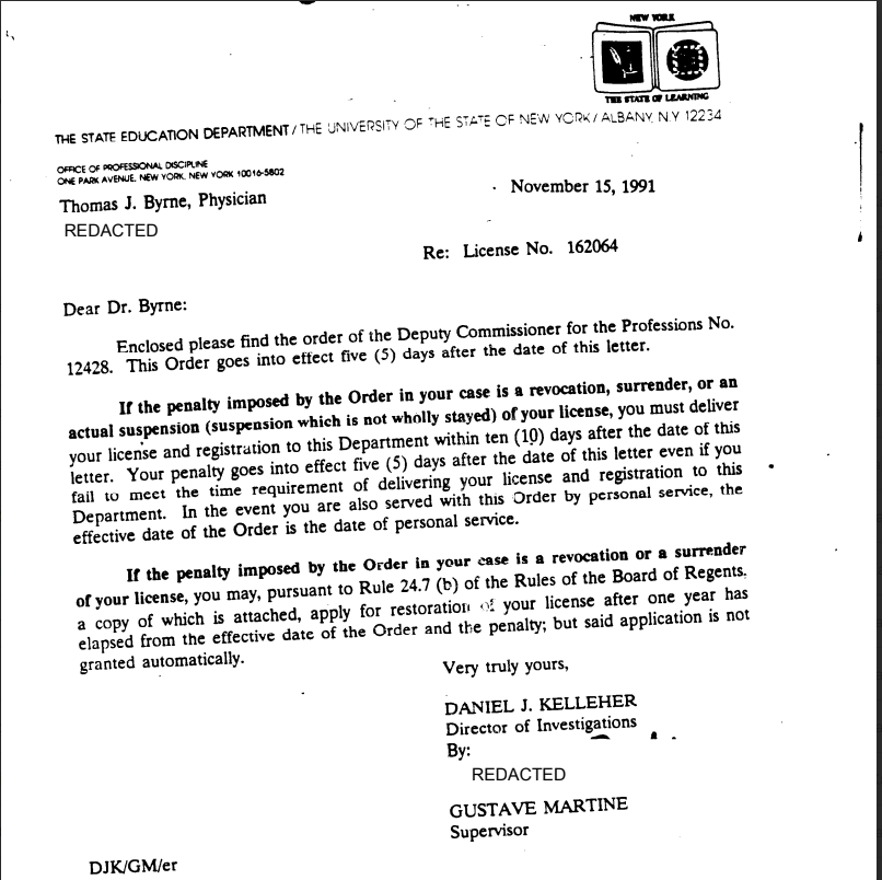Copy of letter revoking medical license