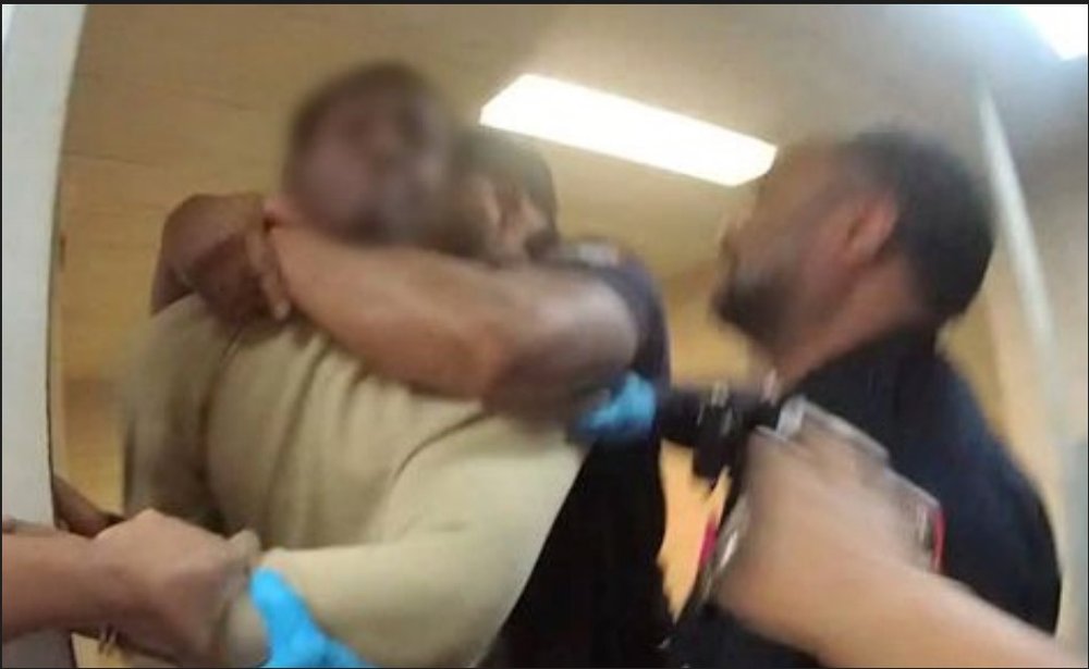 Correction officers put a detainee, cuffed at the ankles and wrists, in a chokehold at the Brooklyn courthouse in March. This excessive use of fore was not properly reported, the federal monitor said. In recent months nearly 60 staffers have been suspended for using head strikes, chokeholds, body slams, kicks, and racial slurs against detainees, the monitor said.