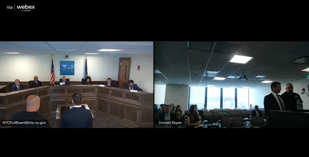A still capture from video of the Aug. 31, 2022 meeting of the State Liquor Authority, showing Avant Gardner attorney Joseph MacLellan addressing the members of the authority.