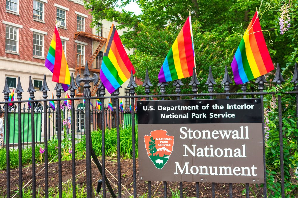 A photo of the pride flag display at the Stonewall Inn