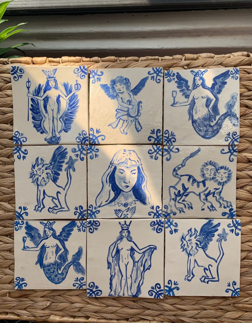 An arrangement of blue and white tiles.