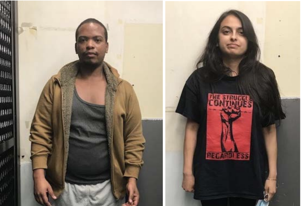 Two separate photos show the alleged Molotov cocktail throwers, with Colinford Mattis on the left, and Urooj Rahman on the right.