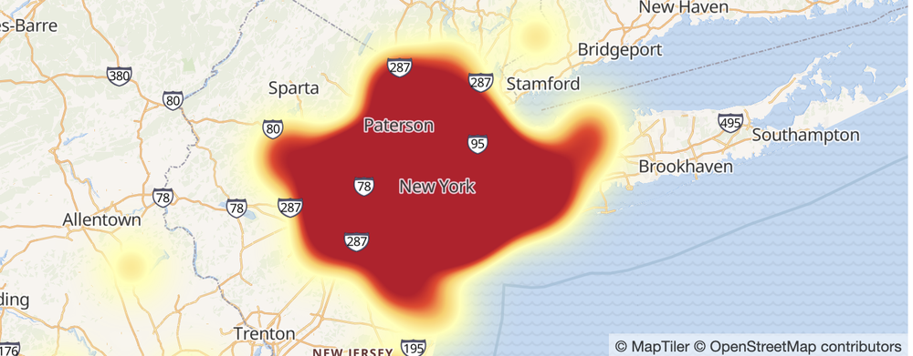 A heat map indicating the widespread Verizon outage