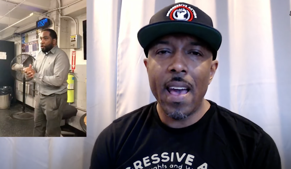 A screengrab of Tramell Thompson speaking, beside a smaller image of union VP Canella Gomez.