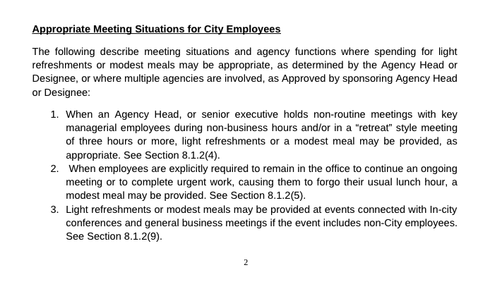 A screen grab of an internal CFB memo sent to Rotman describing the "appropriate meeting situations" where city employees may be able to be reimbursed for.
