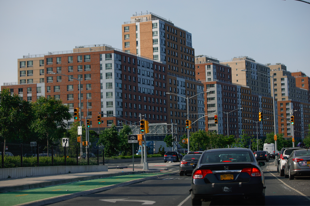 Exterior view of apartment buildings in the Bronx.