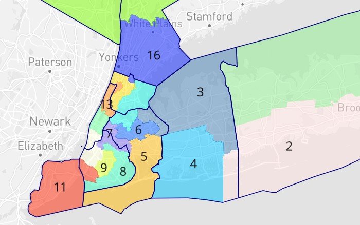 A map of New York's new court-ordered congressional districts in the New York City area.