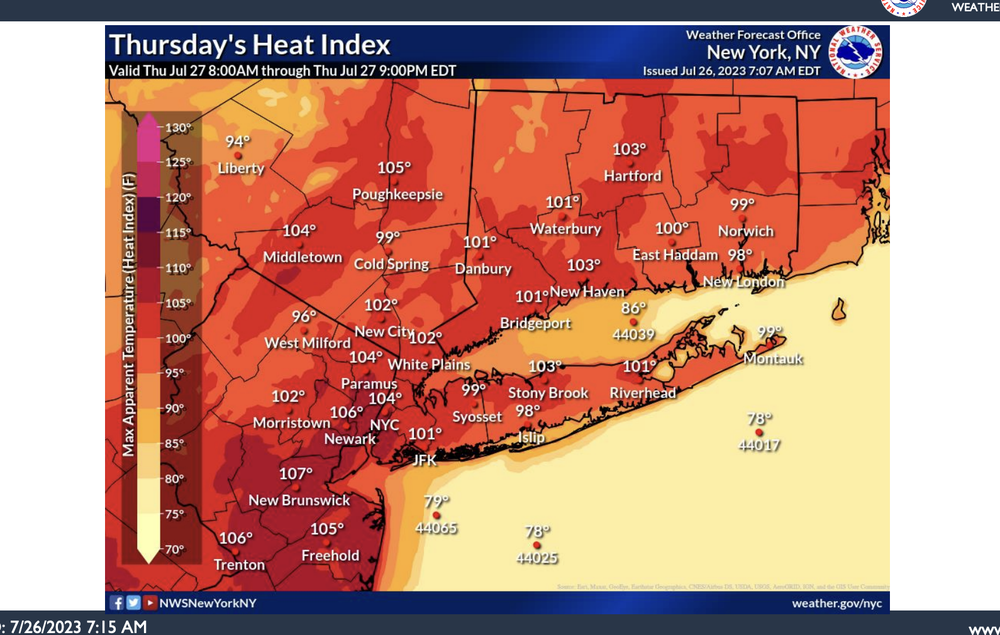 A NWS weather map shows dangerous temperatures hitting the region Thursday.