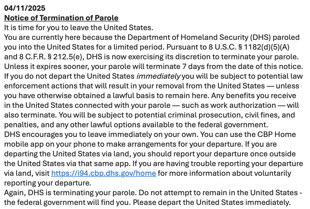 A copy of a mass email from the Department of Homeland Security being sent to immigrants in New York City and beyond. The notices are meant to advise recipients their temporary protected status or authorization to remain in the United States has been revoked. Some immigration attorneys say they are receiving the notices in error.