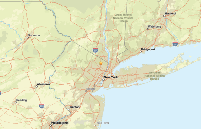 Map from the U.S. Geological Survey showing the epicenter of Tuesday’s 2.7 magnitude earthquake near Hillsdale, New Jersey.