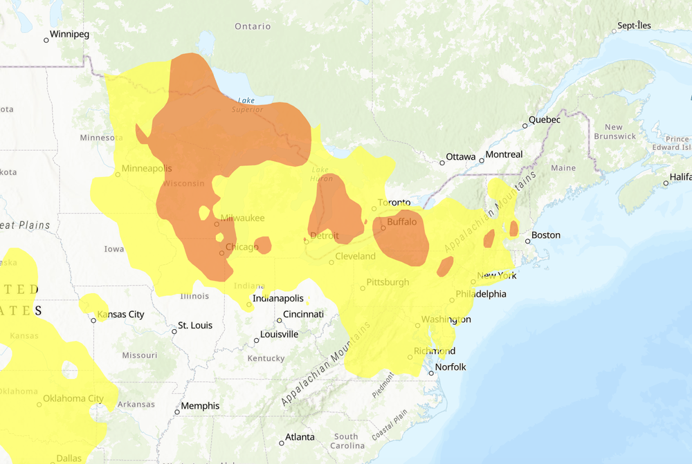 A map showing the air quality alerts throughout the northeastern U.S.