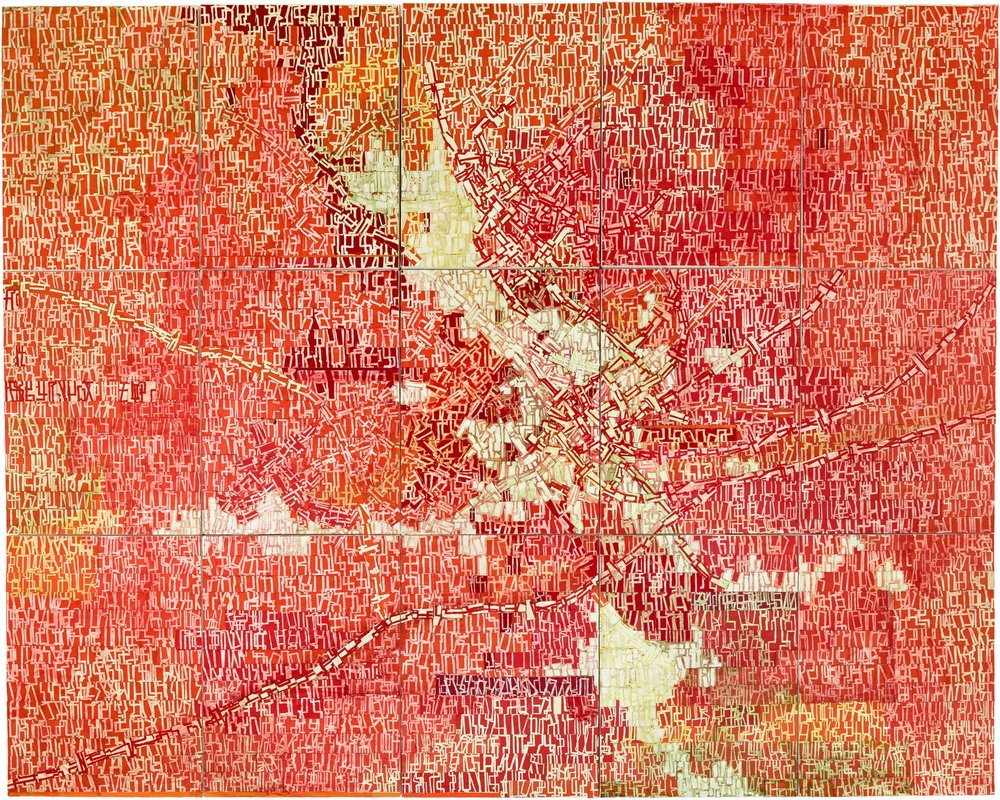 An abstract painting with pale markings on a red background.