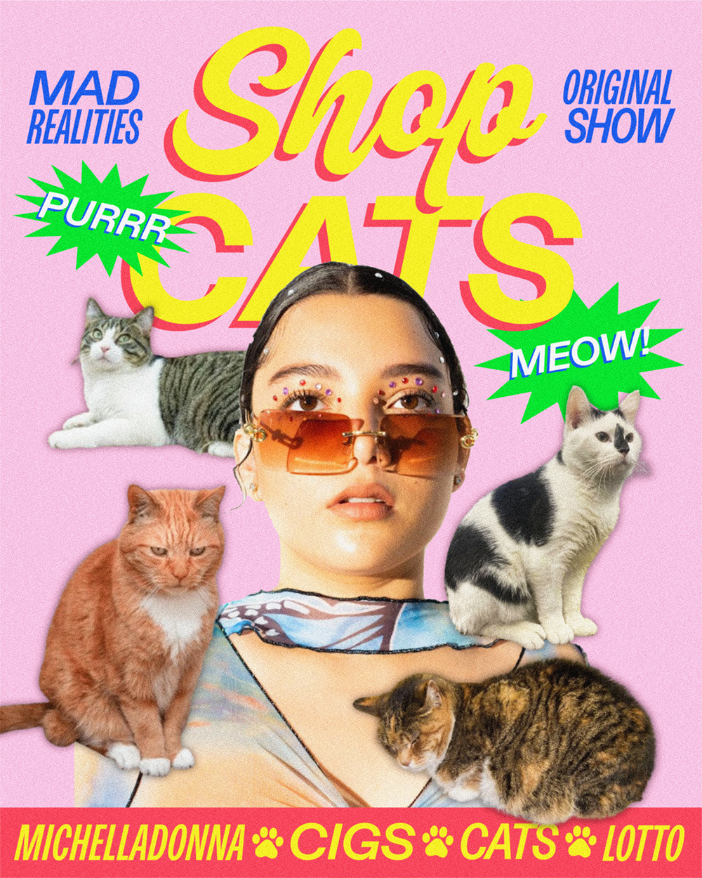 A pink poster of a woman's face with cats around it.