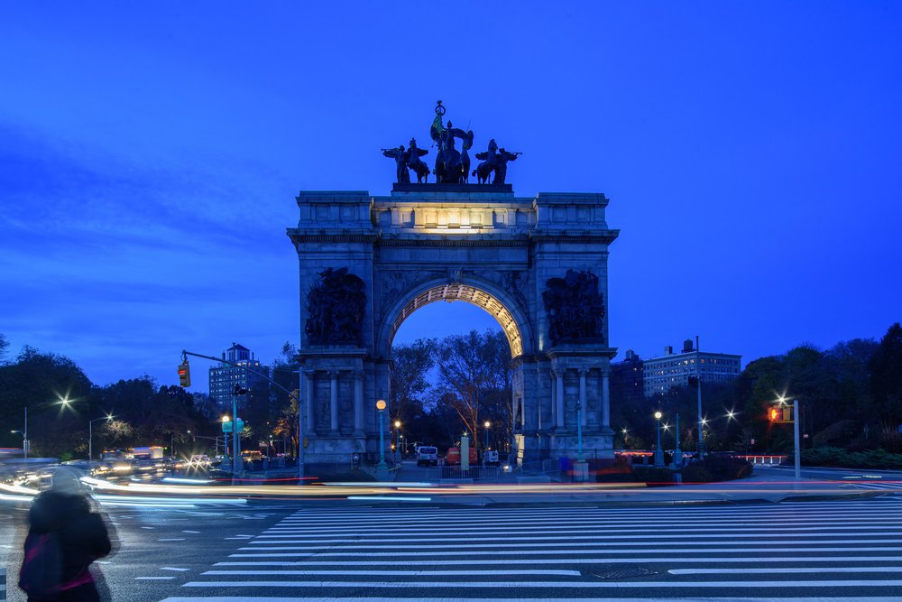 Prospect Park The Sailors & Soldiers Arch at night, with light illuminating parts of it