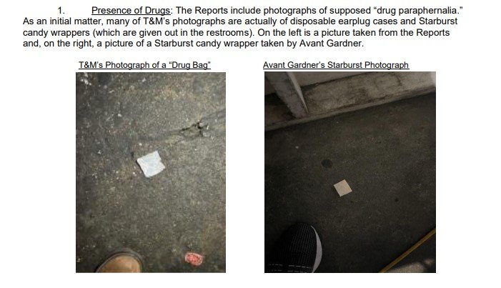 An image from an Avant Gardner letter showing T&M's photo of a suspected drug wrapper next to Avant Gardner's photo of a Starburst wrapper.