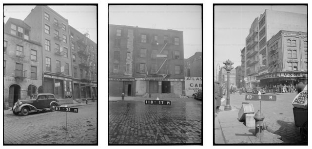 Three buildings in Manhattan, circa the 1940s.