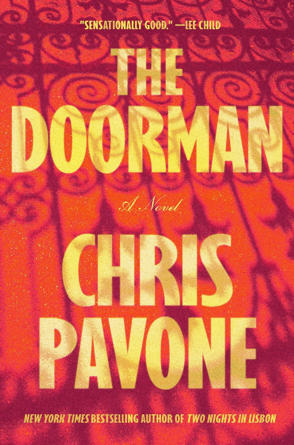 A red book cover with yellow writing that says "The Doorman"