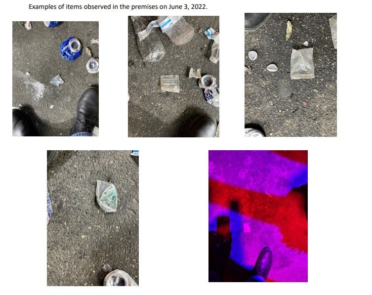 Five images of bags or wrappers on the floor of Avant Gardner during a June 3, 2022 event, as included in T&M's June report to the SLA.