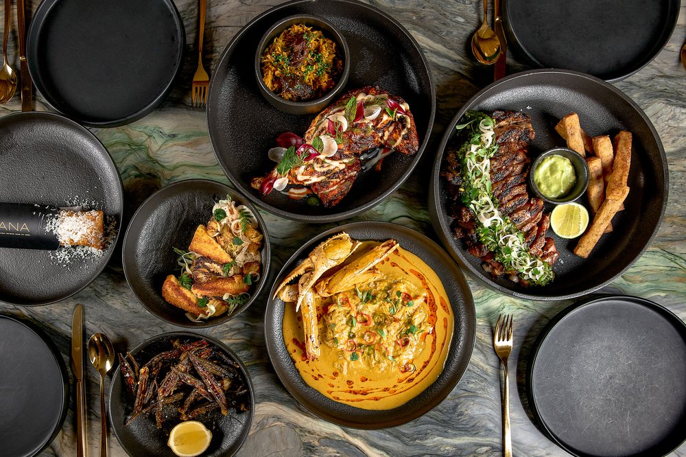 An array of dishes on a table at a restaurant