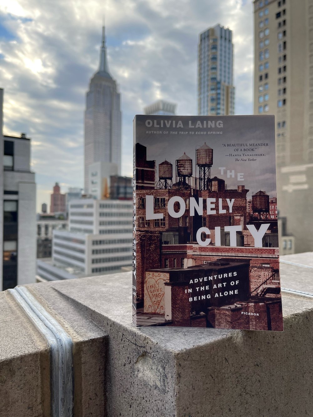 A cover of "The Lonely City" photographed against skyscrapers.