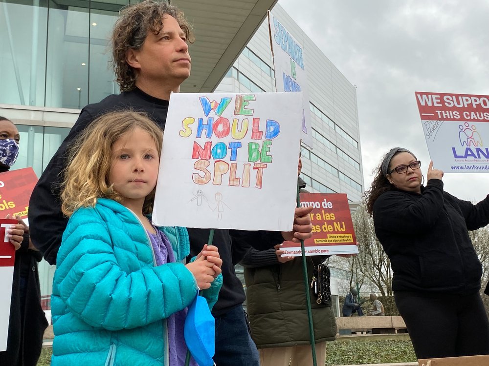 Lila Sanches Golden, 6, with her father Jonathan Golden at the school integration rally outside the state attorney general’s office in Trenton on March 31st, 2022.